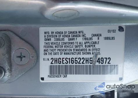 2002 Honda Civic Lx from USA, damaged, VIN 2HGES16522H594972